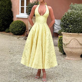 Elegant Sexy Evening Party Dresses Women Korean Style Halter V-neck Dress Sweet Backless Yellow Summer Solid Midi Dress