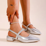 Pointed toe women's single shoes square heel rhinestone back elastic fashion and elegant holiday formal banquet women's shoes