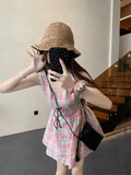 Pbong  Women's Plaid Sleeveless Mini Dress V Neck Drawstring Waist Casual Summer Beach Dress