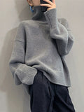 Lazy Wind Grey Turtleneck Sweaters Women Vintage Loose Knitted Pullovers Streetwear Retro Harajuku Long Sleeve Simple Tops