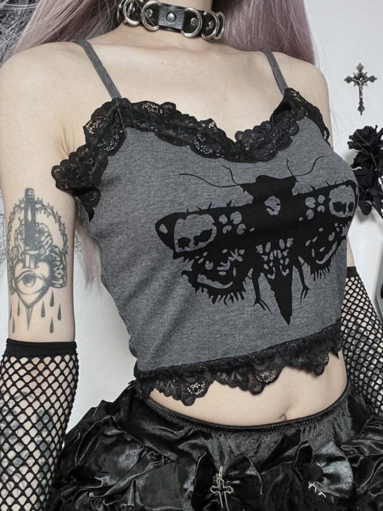 Lace Corset Cami Top Gothic Moth Print Sexy Grunge Mall E Girl Patchwork Spaghetti Straps Backless Vintage Hip Hop Top