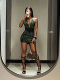 Pbong  Green Tie-Back Mini Dress with Cutout Detail and Ruched Skirt