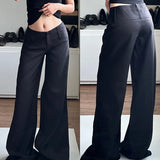 Pbong  American Streetwear Straight Pants Solid Color Low Waist Patchwork Simple Pantalones Mujer Slim All Match Women's Clothing