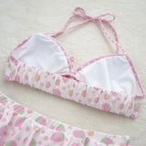 Pbong  Japanese Sweet Kawaii Summer Beach 2 Piece Sets Y2k Aesthetic Fashion Fruit Print Ruffle Bikinis Set Bow Appliques Punk Clothes