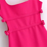 Fashion Bow Hollow Out Sleeveless Square Neck Short Dress Tight Sexy Backless Rosered Summer Dress  New Female Clothing