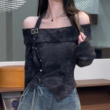 Y2k Vintage Subculture Sexy Slim Sweet Slash Neck Long Sleeve T Shirts 2000s Korean Fashion Elegant Evening Party Clothing Chic