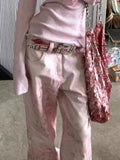 Pink Vintage Leopard Women Jeans Wide Leg American Retro Denim Pants Baggy High Waist Animal Print Trousers Gyaru New