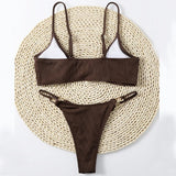 Rib Buckle Linked Thong Bikinis Women Sexy Swimsuit Solid Swimwear Female Padded Bathing Swimming Suit Beachwear Summer