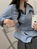 Fashion Slim Striped Shirt Women Elegant Korean Long Sleeve Blouse Casual Irregular Female Spring Sweet Chic All Match Top