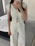 Pbong  Korean  Cropped Cardigan Women Clothing Short Sleeve V-neck Solid Top Fashion Single Breasted Split Knitting Sweater