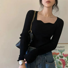 Knitted Pullovers Women Vintage Solid Sweaters Autumn Winter Korean Elegant Slim Knitwear Square Collar All Match Jumpers New