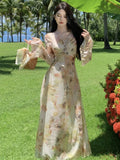 Autumn Women Printed A-line Long Dresses Elegant Flare Sleeve V-neck Dress Vintage Casual Birthday Vestidos Female Clothes New