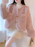 Pink Sweet Faux Lamb Coat Women Winter Warm Long Sleeve Chic Short Coat Korean Elegant Female O Neck Cute Thick Outwear New