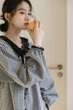 Vintage Sweet Plaid Shirts Women Casual Loose Ruffles Japan Blouse Spring Elegant Long Sleeve Female Cute Preppy Style Top