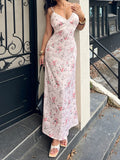 Pbong   Sexy Slim Summer V Neck Spaghetti Strap Sleeveless Flower Print Backless Long Fashion Dresses