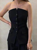 Elegant Strapless Tube Tops Women Off Shoulder Slim Sleeveless Backless Single Breasted Black Vests Autumn Office Lady Outwears