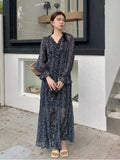 Korean Floral Print Sweet Long Dress 2025 New V-neck Ruffle Chic Spring Dress Lantern Sleeve Slit Fashion Vacation Summer Dress