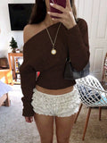 Pbong  New Autumn Winter Laid-back Style Loose Shoulder Design Knitted Top Women's High Waist Slimming Sweater Street Fashion