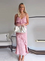 Elegant Ruffles Backless Printed Spaghetti Strap Maxi Dress Sexy V Neck Sleeveless Dresses Chic Split Female Vacation Vestiods