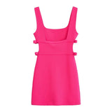 Fashion Bow Hollow Out Sleeveless Square Neck Short Dress Tight Sexy Backless Rosered Summer Dress  New Female Clothing