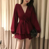 Pbong  Long Sleeve Dress Women Red V-neck Cascading Ruffle Casual Mini Dresses Womens Elegant Party Vestidoes Fashion Solid Trendy