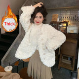 Women Sweet Cute Faux Lamb Coat Winter Warm Thick Slim Long Sleeve Vintage Jacket Korean O Neck Elegant Pearls Buttons Tops New