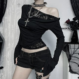 Autumn New Collection Gothic Style Sexy Slimming One-Shoulder Faux Fur Patchwork Long Sleeve Tops for Women