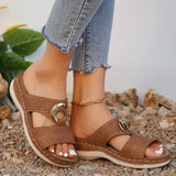 Pbong  Women's Roman Style Platform Sandals Summer New Casual Large Size Slip-On Hollow Out Casual Flats PU Leather Comfortable