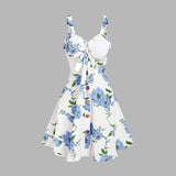 2025 Women's Beach Dresses Floral Print Vacation Sundress Garden Party Dress Summer Ruffled Bowknot Mini Dress