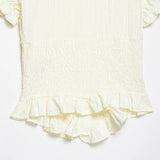 Pbong  Women Ruched Trim Round Collar Tops Fashion Single Breasted Puff Short Sleeve Blouses Female Bow Lace-Up Pleated Elastic Shirts