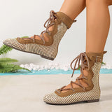 Pbong  Korean-Style Lace-Up Hollow-Out Shoes for Women, Summer New Breathable Sandals, Beach Ballet Flats, Woven Mesh Mid-Calf Boots