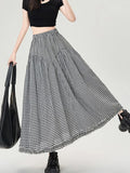 Pbong  Vintage Plaid Long Skirts Women Loose Y2K High Waist A Line Skirts Japan Retro Casual All Match Black White Plaid Skirt New