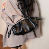 Women's Black Crinkled Faux Leather Shoulder Bag Ruched Texture Knot Decor Casual Daily Underarm Bags Handbag New Trend