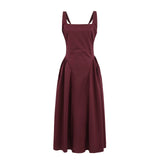 French Retro Style A-line Backless Strap Dress Solid Color Eleagant Chic Square Collar Party Dress 2025 New Female Vestidos