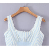 Pbong  Lace Spliced Striped Corset Camis Women Cross Lacing Up Bandage Back  Square Neck Summer Tank Top Slim Fit Crop Top