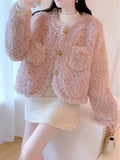 Pink Sweet Faux Lamb Coat Women Winter Warm Long Sleeve Chic Short Coat Korean Elegant Female O Neck Cute Thick Outwear New