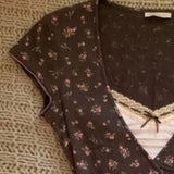 Pbong  Y2k Print Floral T Shirt For Women Spring Summer Vintage Ropa De Mujer Japanese Style V Neck Bandage Versatile Tees