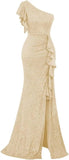 Pbong  Sequin Ruffle Formal Dresses One Shoulder Mermaid Evening Gown Sparkly Long Maxi Dress with Slit