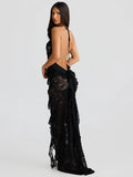Lace Backless Sexy Maxi Dress Women Gown Halter Lace-up Sleeveless Bodycon Elegant Ruffle Beach Club Long Dress