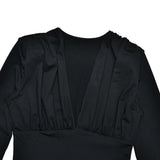 Pbong   Sexy Deep V-neck Long Sleeve Women Bodysuit Black High Waist Ruched Playsuit Autumn Slim Elegant Party Clubwear