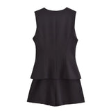 Summer New Sleeveless Button Women's Playsuit Round Neck Elegant Chic Black One Piece Fashion All-match Woman Clothing