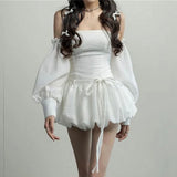 Pbong  Sweet White Tulle Dress Women Sexy Strapless Slim Mini Dress Summer Vacation Backless Pleated Lace Up Party Night Vestidos