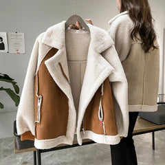 Winter Sheep Wool Coat Women Thick Warm Long Sleeve Zipper Pocket Jacket Women Fashion Leather Motorcycle Jacket Coats