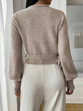 Ladies' autumn and winter fashion solid color V-neck lace up cardigan knitted sweater