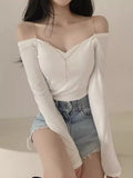 Pbong  Y2k Sexy Slash Neck Women Vintage Tshirts Temperament Chain Bodycon New Tops Long Sleeve Tunic All Match T-shirt