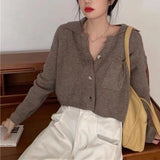 Women Crop Cardigan Collared Front Pocket Long Sleeve Button Down Sweater Jacket Cardi Female Autumn Winter Casual Chic