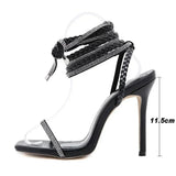 Pbong  Summer Woman Shoes High Heels Sexy Leather Gladiator Sandals Fashion Black Ankle Strap Crystal Open Toe Shoes Sandalias
