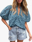 Pbong  Fashionable Casual Lace Embroidery Women's Shirt V-Neck Button Hollow out Lantern Sleeve Summer Top Cross-Border Clothing