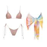 3Pcs Mirco Bikini 2025 Sexy Swimsuit Women Push Up Swimwear Bandeau Biquini Female Pink Bodysuit Bathing Suits Sarong Mini Skirt