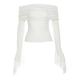 Fashion sexy slash-neck neck backless long sleeve T-shirt for women spring autumn solid color slim stacked trumpet sleeve tops